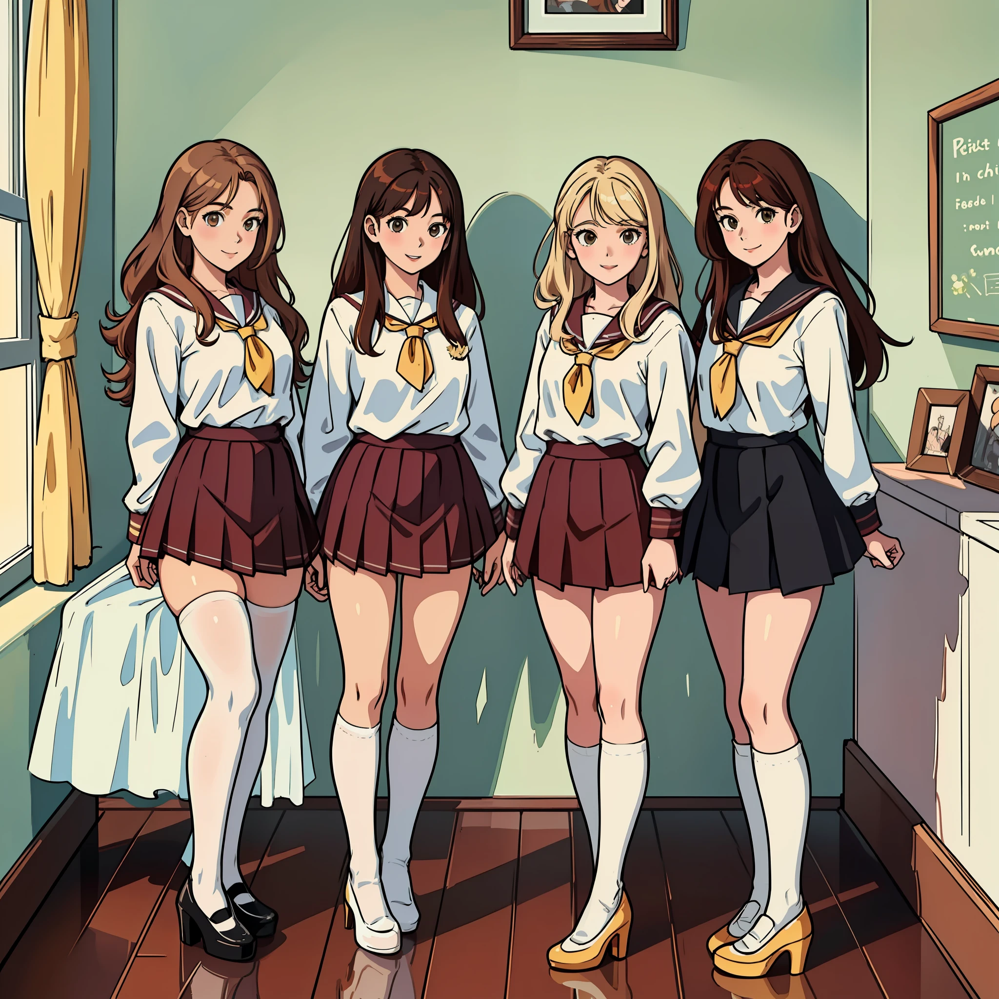 perfect anime illustration, teenage girls, medium breasts, 3girls, (((1 blonde girl, 1 redhead girl, 1 brown haired girl))), same age sisters, rich sexy schoolgirls, brown hair, red hair, blonde hair, curly hair, long hair, different hair colors, hazel eyes, smiling, white skin, (((school uniform, white thigh high socks, black high heels))), matching outfits, highres, bedroom, full body, posing