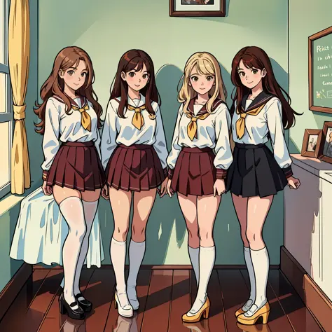 perfect anime illustration, teenage girls, medium breasts, 3girls, (((1 blonde girl, 1 redhead girl, 1 brown haired girl))), sam...