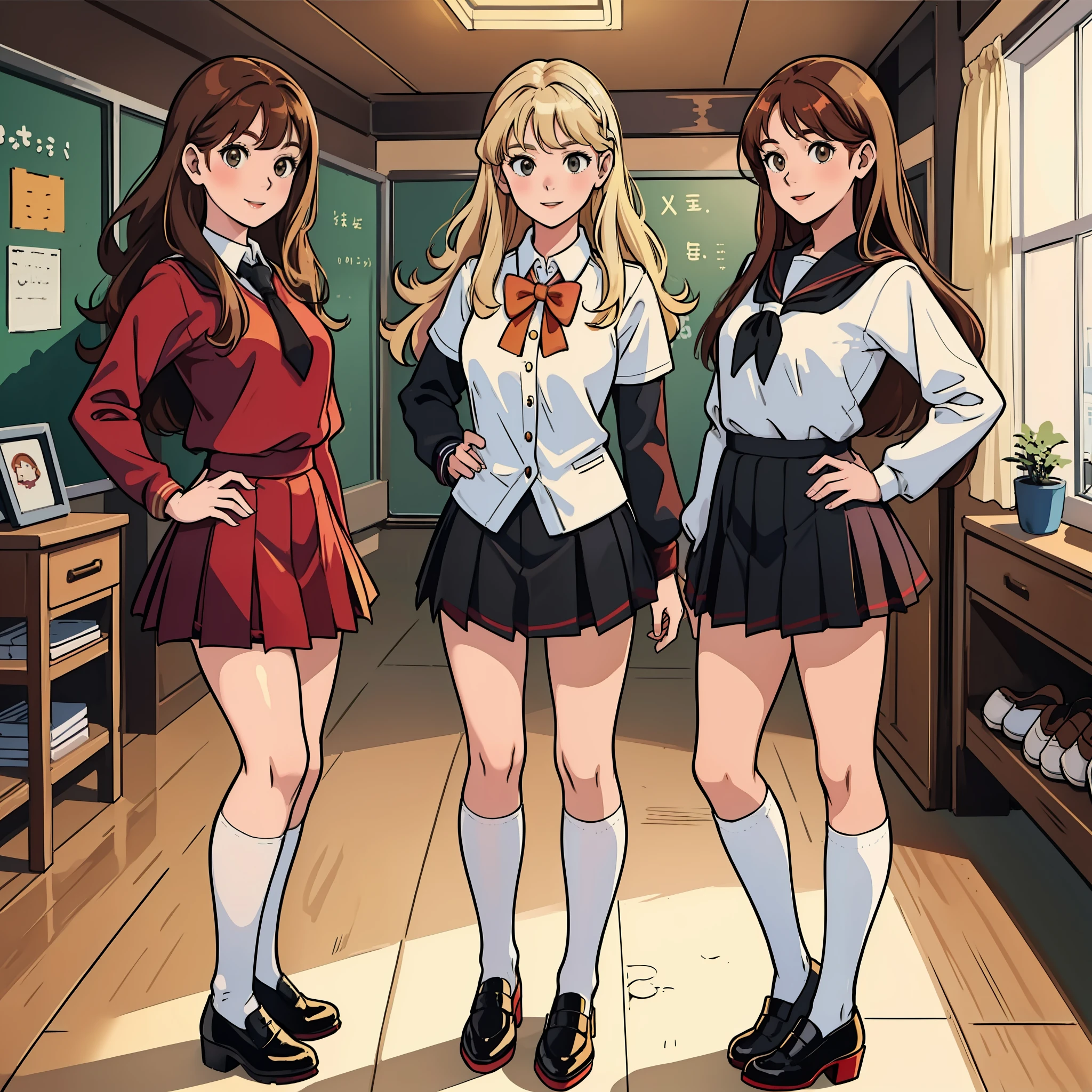 perfect anime illustration, teenage girls, medium breasts, 3girls, (((1 blonde girl, 1 redhead girl, 1 brown haired girl))), same age sisters, rich sexy schoolgirls, brown hair, red hair, blonde hair, curly hair, long hair, different hair colors, hazel eyes, smiling, white skin, (((school uniform, white thigh high socks, black high heels, uniform shoes))), matching outfits, highres, bedroom, full body, posing