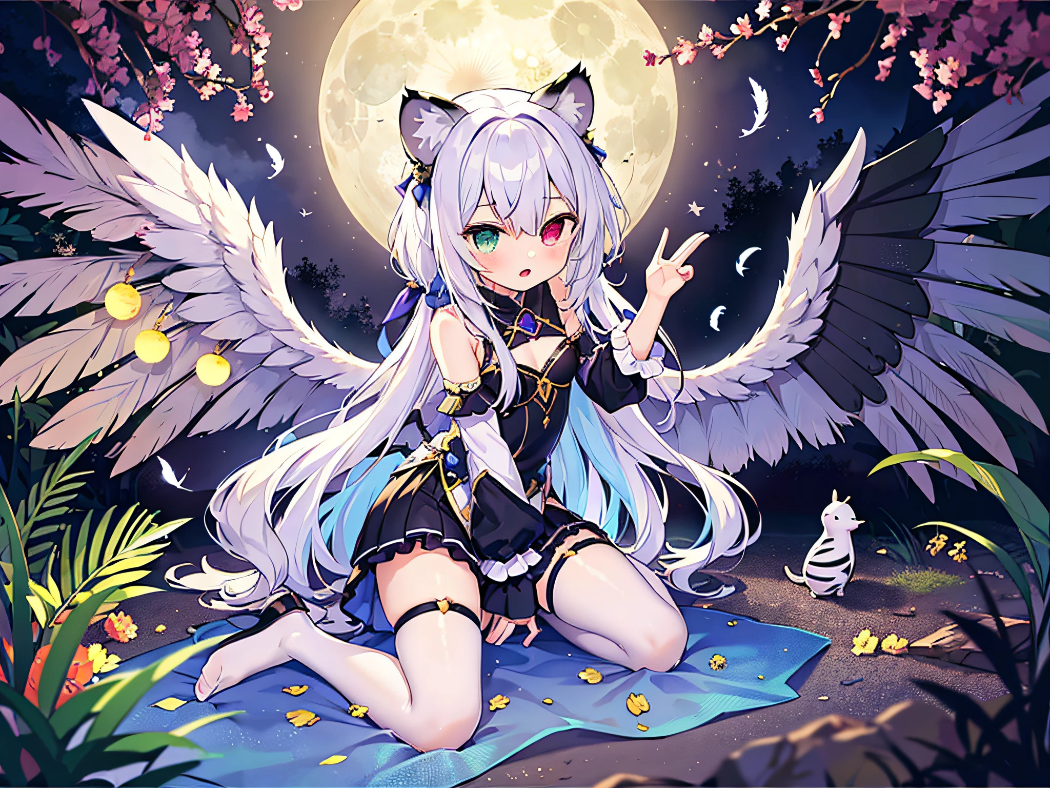 (cute),(masterpiece) ,(best quality), (super detail), (full body),(cameltoe), very delicate and beautiful , (tiny),(loli), (1 girl),(see-through maiden), fake tiger ears, tiger tail,open mouth, heterochromia,with wings of feathers,moon in background, moonlight,forest,flying,