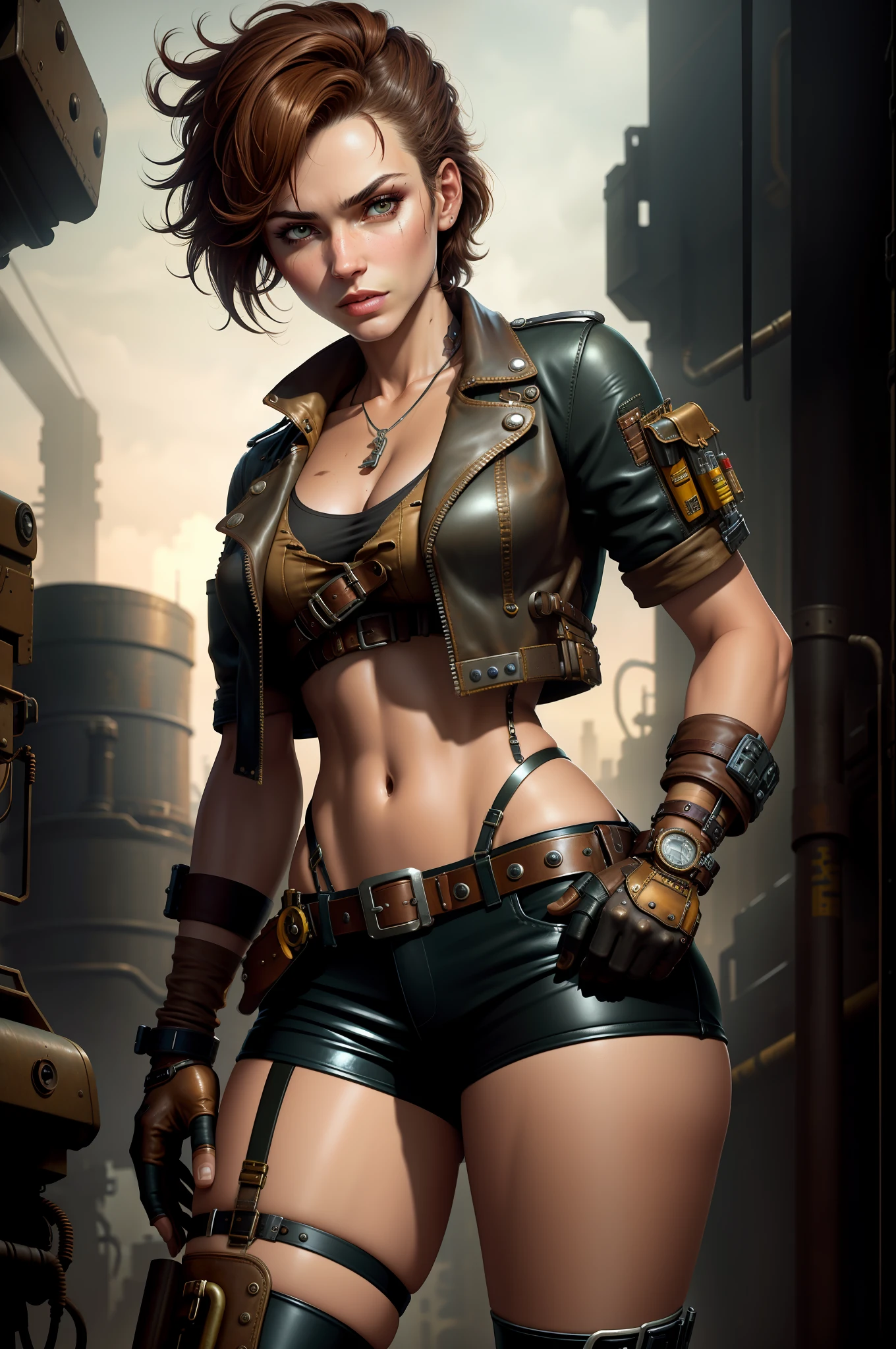 solo, masterpiece, best quality, perfect face, body shot of a steampunk mechanic girl wearing leather shorts, sexy, dirty skin, buckles and straps, dirty metal, dystopian, dreary, apocalyptic, foggy, mechanical, industrial factory, (steampunk:1.2), intricate, busy