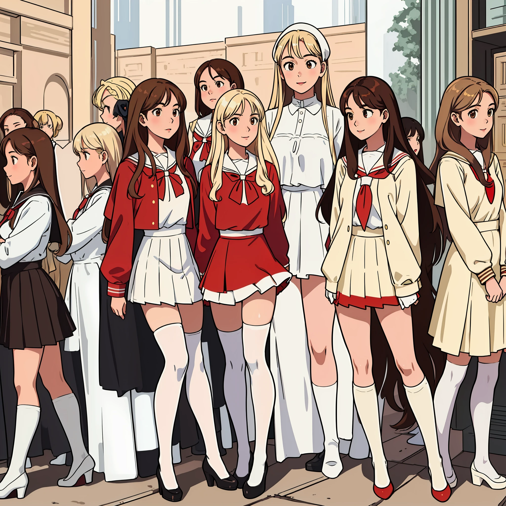 perfekte Anime-Illustration, Meisterwerk, Mädchen im Teenageralter, mittlere Brüste, mehrere Mädchen, Millionen von Mädchen, Tausende von Mädchen, (((blonde Mädchen, brown haiRot girls))), gleichaltrige Schwestern, reiche sexy Schulmädchen, braune Haare, blondes Haar, Lockige haare, lange Haare, verschiedene Haarfarben, haselnussbraune Augen, lächelnd, weiße Haut, (((Rot , weiße schenkelhohe Socken, schwarze High Heels))), passende Outfits, highres, Ganzkörper, posiert, ordentliche Reihen von Schwestern, Säulen der Schwestern, Schar von Schwestern