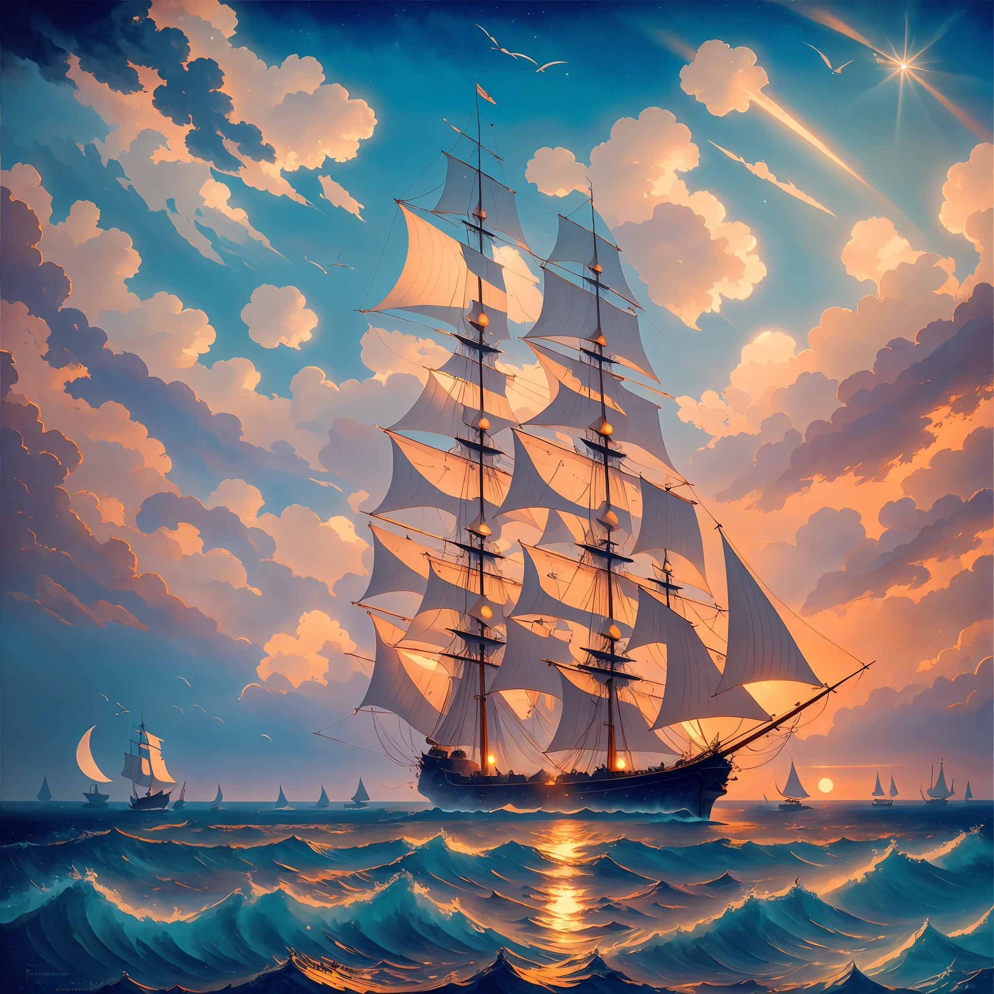 Light field photography, Frigate, cozy warm 17th century, ultra high quality, luminism, maximalism, art by Ivan Aivazovsky