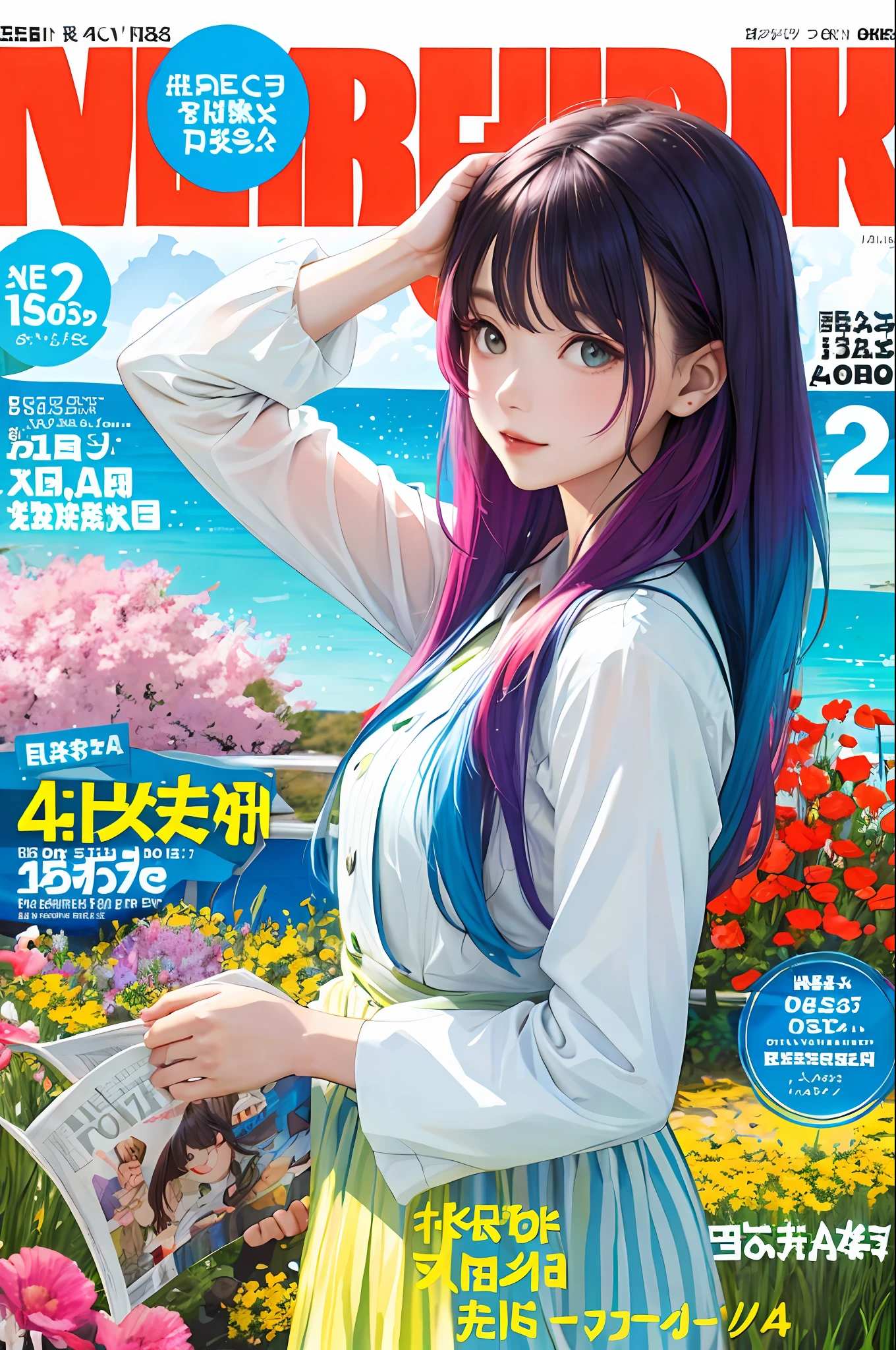 masterpiece, best quality, spring outfit, colorful hair, outdoor, magazine cover ,upper body,