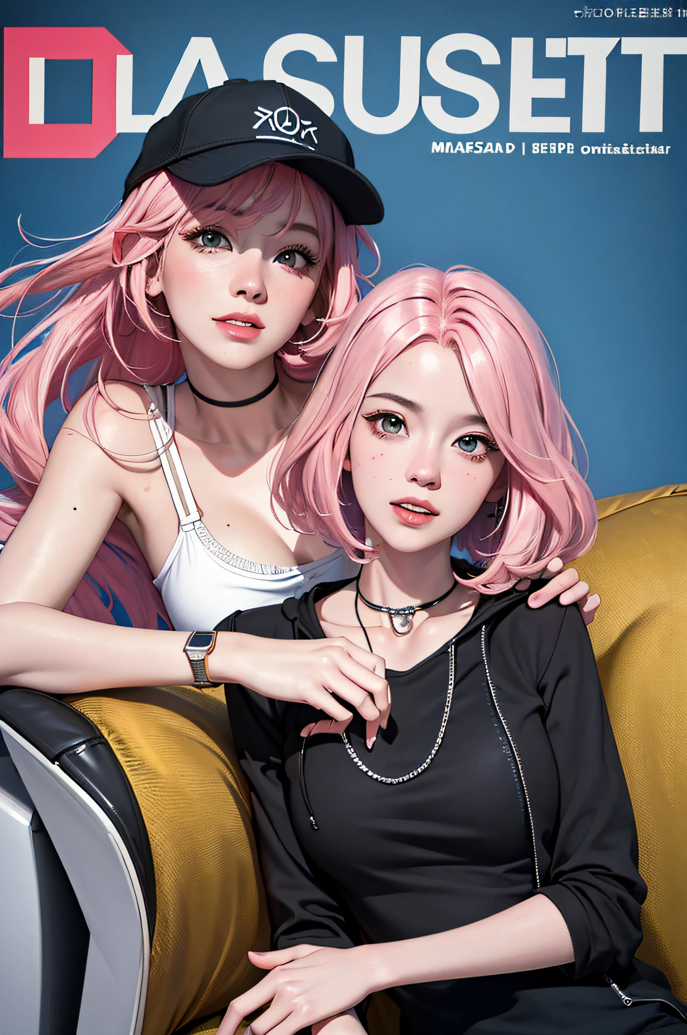 disassemble\(TTP\), (8K, best quality, mastery:1.2), (realistic, photo-realistic:1.37), ultra-detailed, watch, no humans, rich color background, masterpiece, best quality, 2 girls, one in summer clothes and the other in winter clothes, one with long pink hair and another with short blue hair, happy laugh, magazine cover, Upper