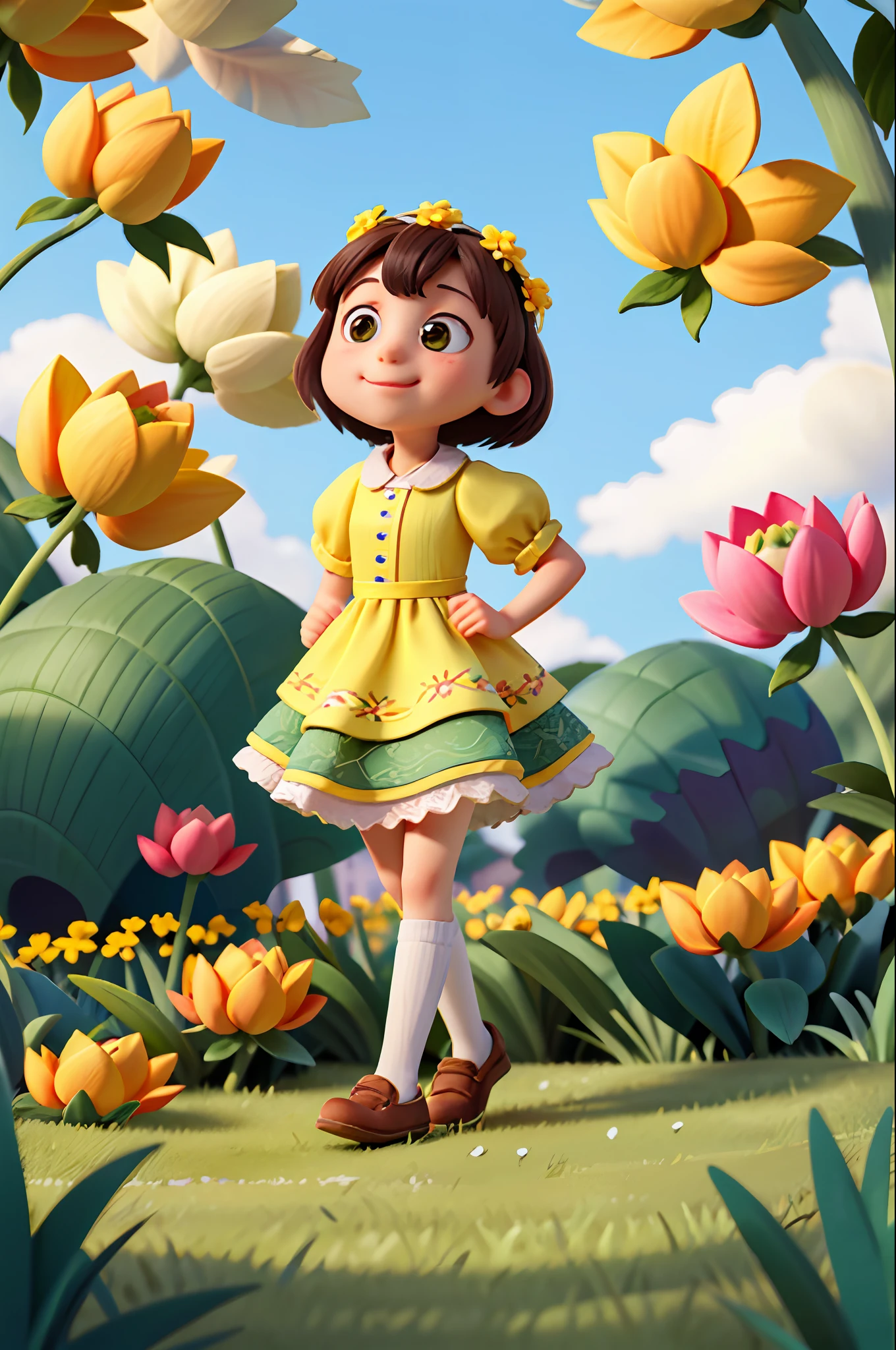 An incredibly charming , enjoying a beautiful spring walk surrounded by beautiful yellow flowers and natural landscapes. The illustration is in high definition in 4k resolution, with highly detailed facial features and cartoon-style visuals.