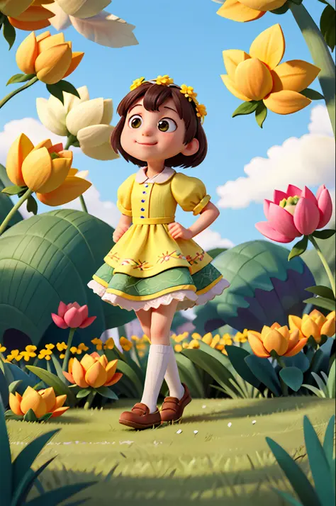 An incredibly charming little girl, enjoying a beautiful spring walk surrounded by beautiful yellow flowers and natural landscap...