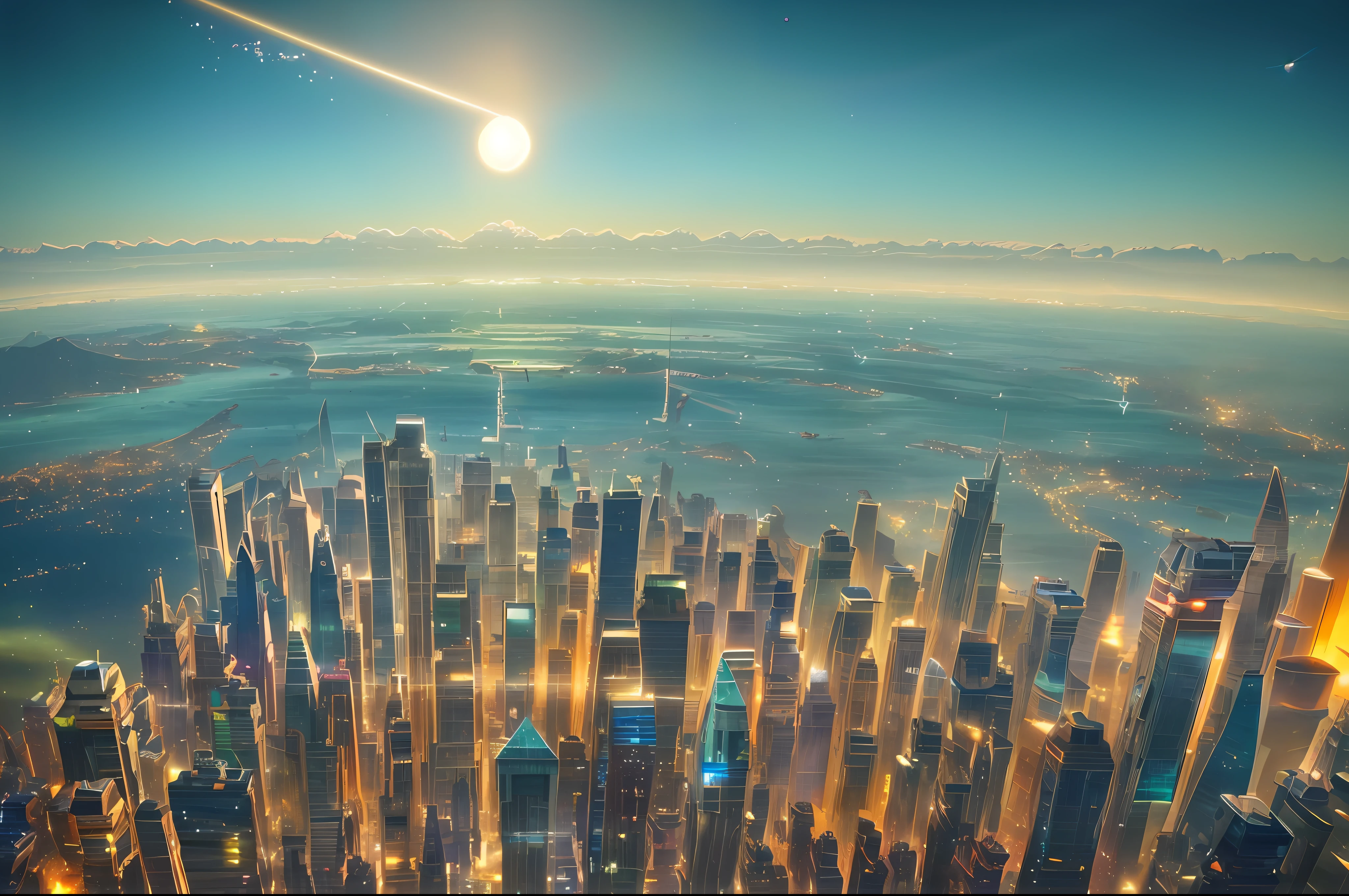 Spaceship flying over city in space station, planets in background, highly Arstation and Beeple, futuristic spaceport, space opera and dystopian style, realistic realistic city in the distance, epic beautiful space sci-fi, photos of futuristic cityscape, futuristic city in background, sci-fi space game art, futuristic, space colony, masterpiece, epic, majestic, best quality, very high resolution, 8k, HDR, digital photography, clear beautiful, iridescent, transparent , translucent, reflection, refraction, diffraction, caustic, volumetric light, volumetric shadow, (very detailed and refined: 1.2), (very delicate and beautiful: 1.2), partial backlight, (lighting outside the sunset frame and nearby lighting: 1.3), (realistic lighting: 1.2), (dynamic color from lighting: 1.2), (complex details: 1.3), ultra-detailed, surreal, (sharp focus: 1.2), (SFW: 1.2),