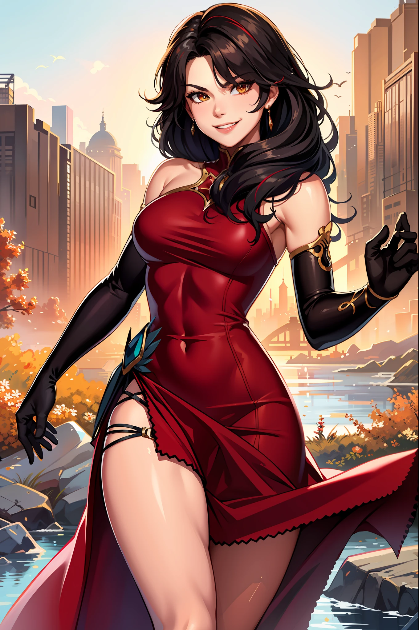 (masterpiece, best quality: 1.2), cowboy shot, solo, 1 girl, evil smile, looking at the viewer, long hair, red dress, elbow gloves