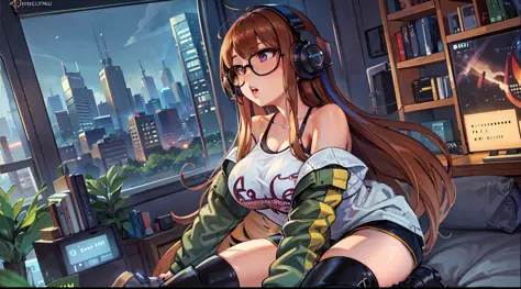 masterpiece, best quality, 1girl, solo, futaba sakura, long hair, brown hair, snoa jacket, top shirt, headphones gamer, blue sho...