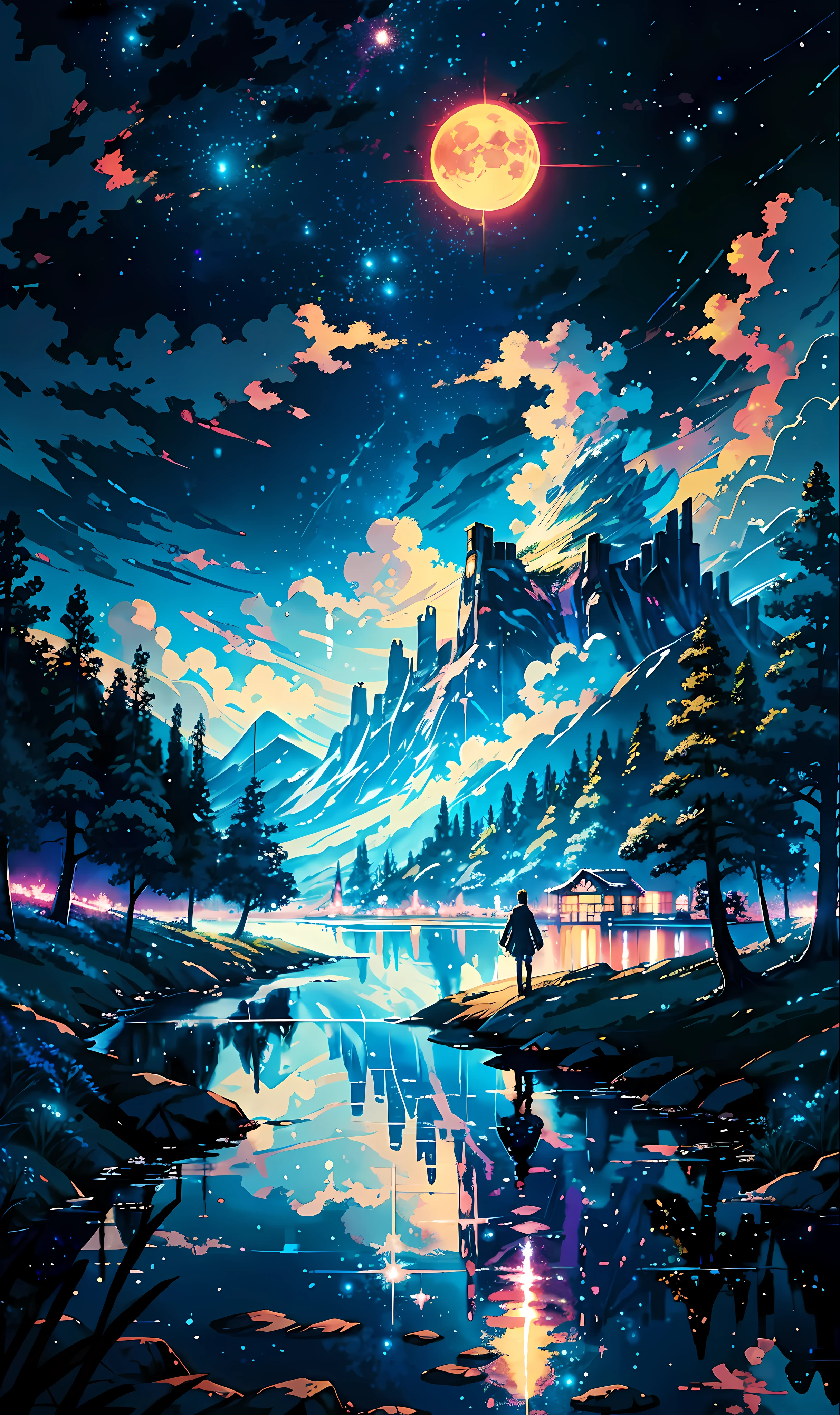 Ein Gemälde des Flusses und der Sterne und des Mondes am Himmel, Mit leuchtenden Farben, von Makoto Shinkai. Konzeptkunst inspiriert von Tosa Mitsuoki, Gewinner des Pixiv-Wettbewerbs, beste Qualität, Fantasy-Kunst, schöne Anime-Szenen, golden moon. Ein heller Mond, sternenklarer Himmel environment under the moonlight, Traummalerei, Anime-Hintergrund art, Fantasielandschaftskunst, verträumte Nacht, Anime-Hintergrund, hintergrundbild, verträumte Kunst, atmosphärischer Anime, sternenklarer Himmel, Details verbessert.