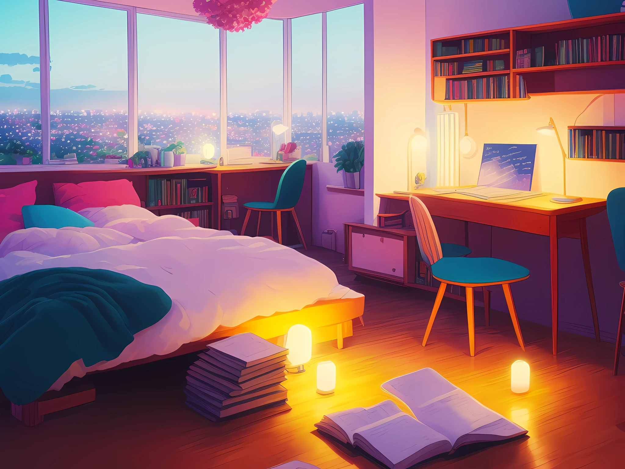 hestyle bedroom at night, colorful night, desk with study books