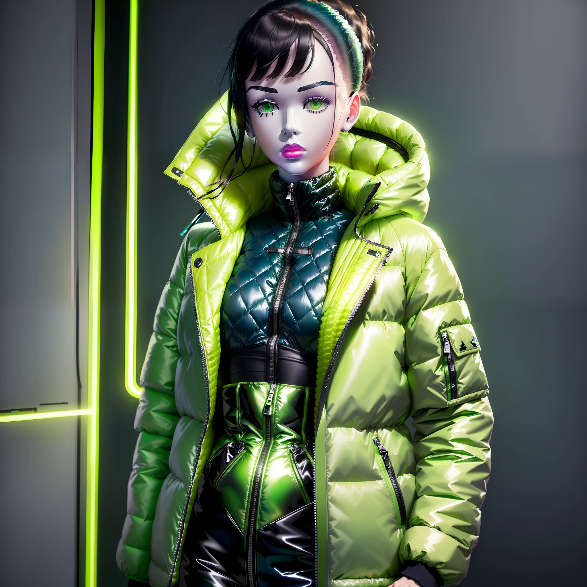 ((Totally invisible mannequin)) wearing (Balenciaga style jacket) ((puffer oversized: 1.5)) (green jacket: 1.5, vivid color, neon),being photographed in , ultra realistic studio photo setting, (black background), Best quality, masterpiece, hd.