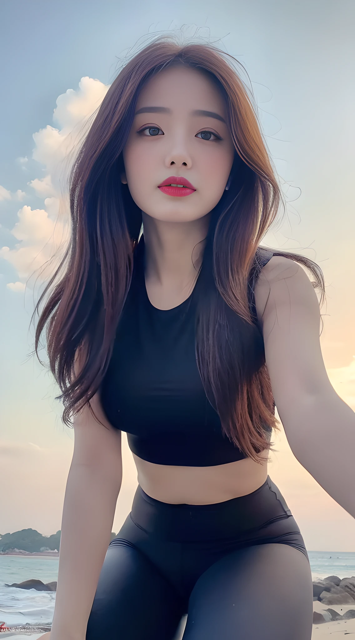 ((Best Quality, 8K, Masterpiece:1.3)), A beautiful girl, pure, melon face, gentle and cute, slightly chubby, partial head, ((long solid color top, yoga pants)), black fluffy long hair, round black big eyes, clear big eyes, moist red lips, sweet, standing, blue sky and white clouds, sunshine, beach background,