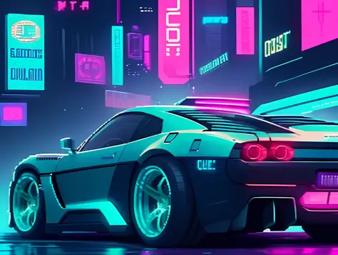 Imagine a futuristic car, inspired by the style of Cyberpunk 2077, flying at high speed down a neon-lit street of a dystopian city. Create pixel art that captures the intense, futuristic atmosphere of this scene, highlighting the vehicle's unique design an...