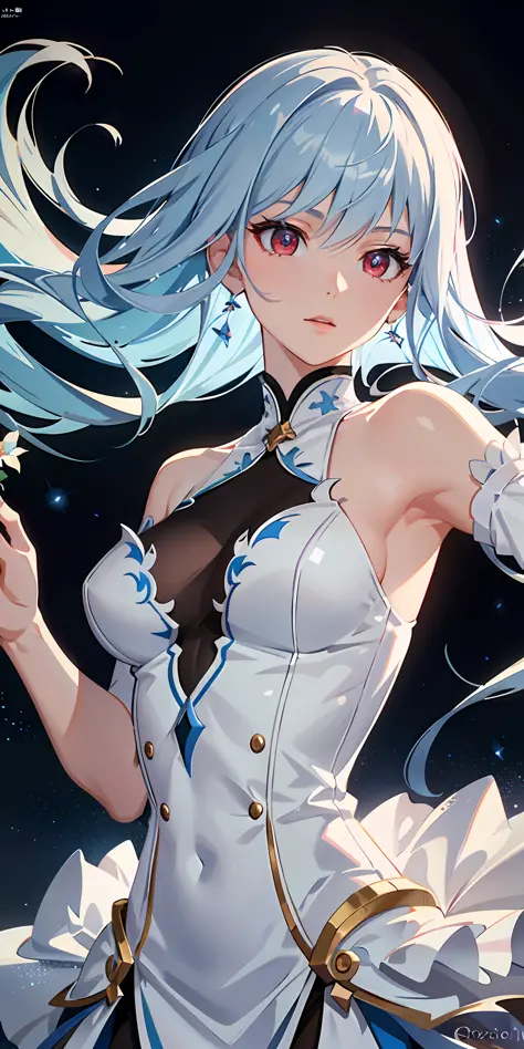 delicate and beautiful CG artwork),(best quality, ultra-detailed, high resolution),(dynamic angle, dynamic lighting),(1 character),(long white and blue hair, red eyes, beautiful face),night sky
