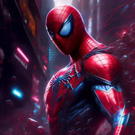 "Spider-Man with Cyber Phunk in a chaotic setting, ultra-realistic, HD, with fine and well-crafted details."