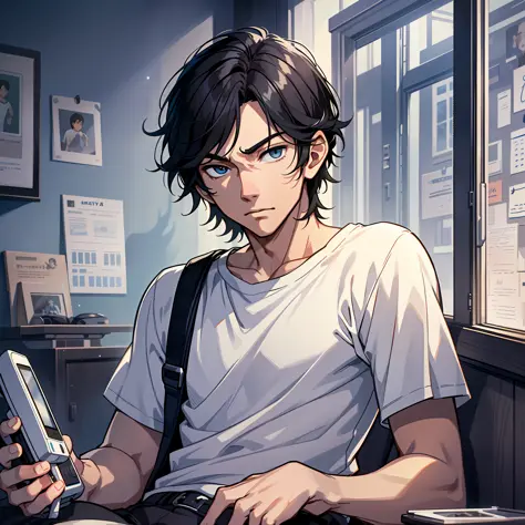 A boy, handsome, delicate face, gentle eyes, black hair, white T-shirt, holding a cell phone in his hand, interior, masterpiece,...