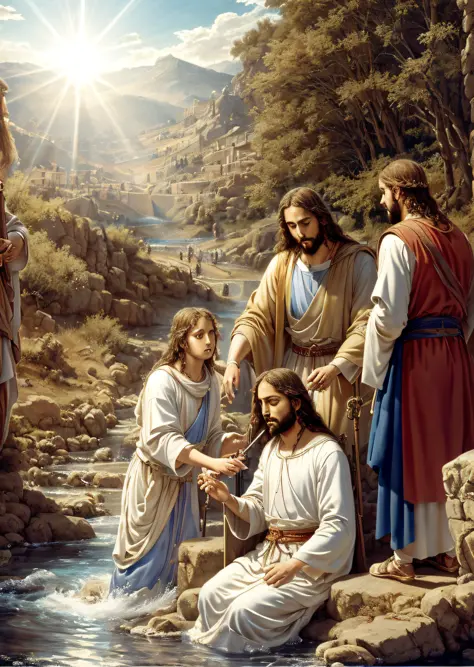 Jesus being baptized by John the Baptist, Jordan River surrounded by faithful watching, soft expression, streaks of light descending from heaven, masterpiece, high quality, high quality, highly detailed CG unit wallpaper 8k