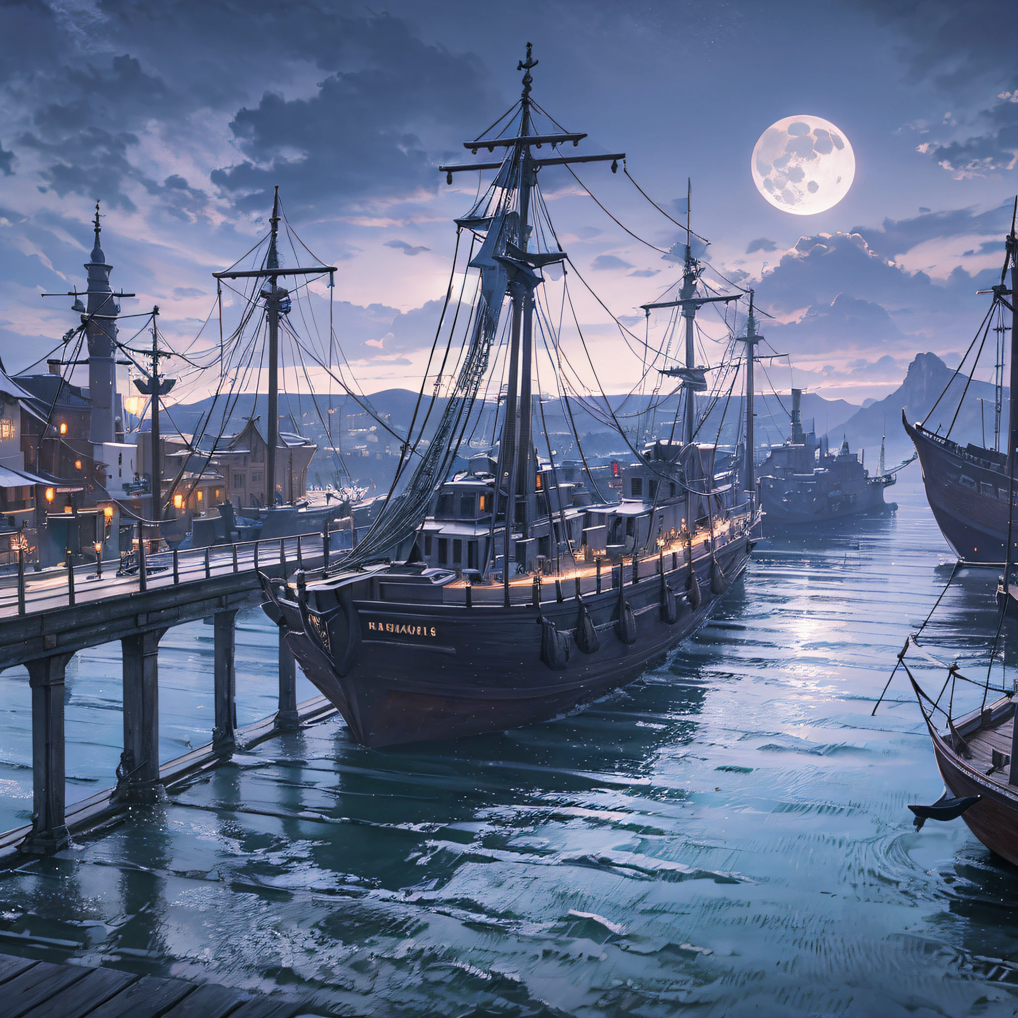 キャラベル船のある中世の町の港, 濡れた石, ドラマチックな光, 控えめな, 写実的な, (石の桟橋) 映画照明, ボリューム照明, 暗い雰囲気, 山と空に浮かぶ巨大な銀色の月を描いた背景 --auto --s2