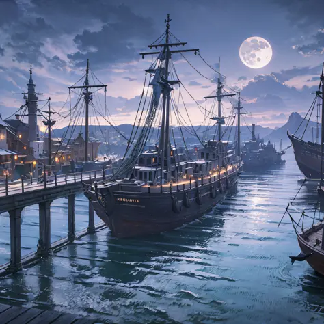 Port of a medieval town with caravels, wet stone, dramatic light, discreet, photorealistic, (stone pier) cinematic lighting, volumetric lighting, dark atmosphere, background with a mountain and a giant silver moon in the sky --auto --s2
