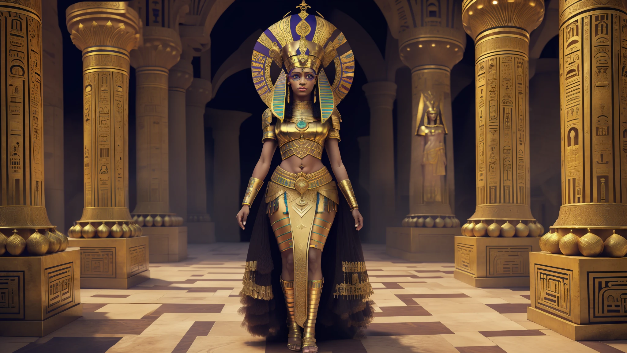 Afro queen cleopatra and egyptian crown, with the egic empire background several egicipian gods walking behind, intricate, Chav, Glowwave, full body shot, 3D modeling, Motion blur, sprite sheet, autochrome colors, Medicalcore, Split lighting, 8-bit --auto --s2