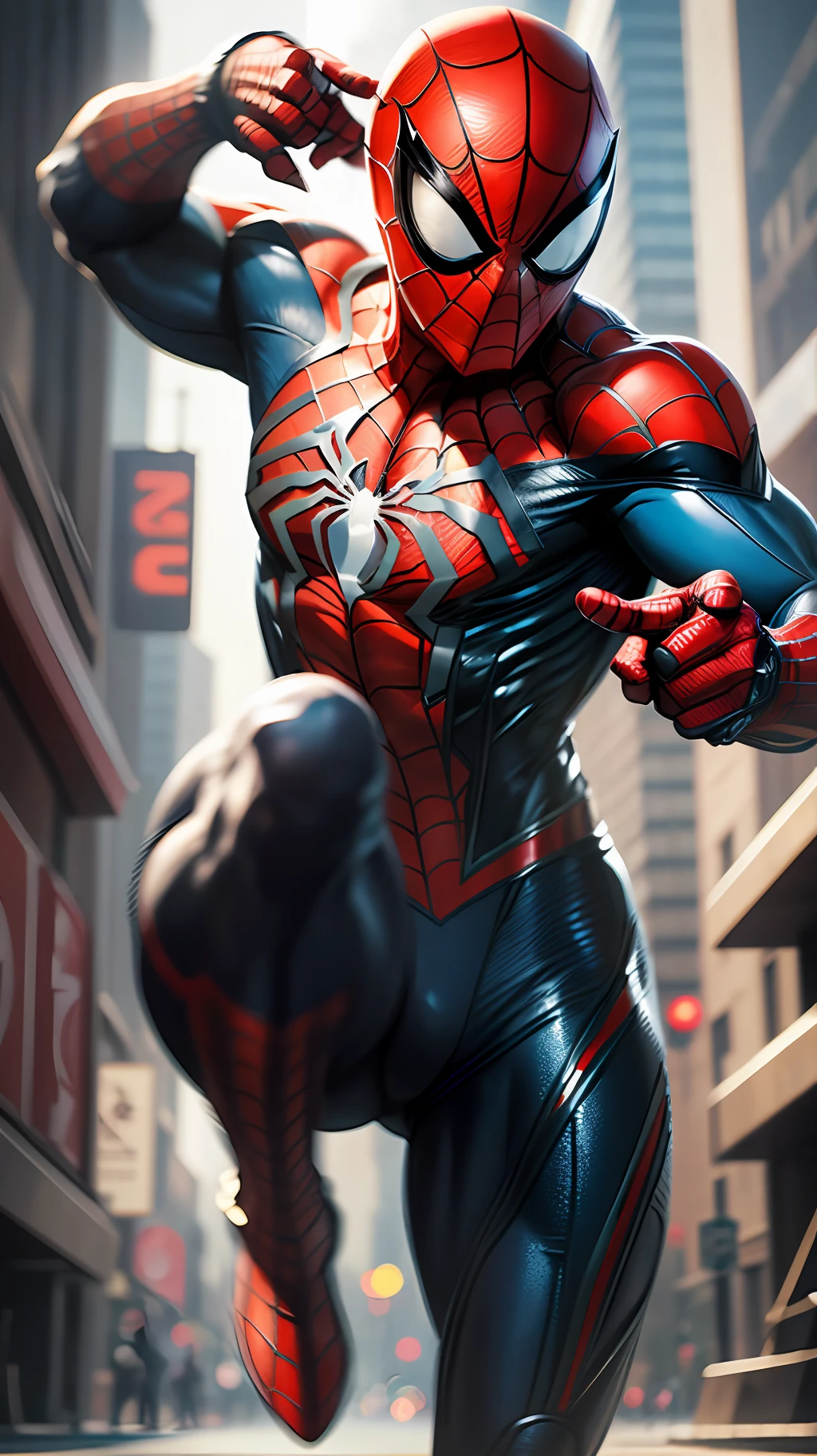 Spider - man in a suit is running through the city - SeaArt AI