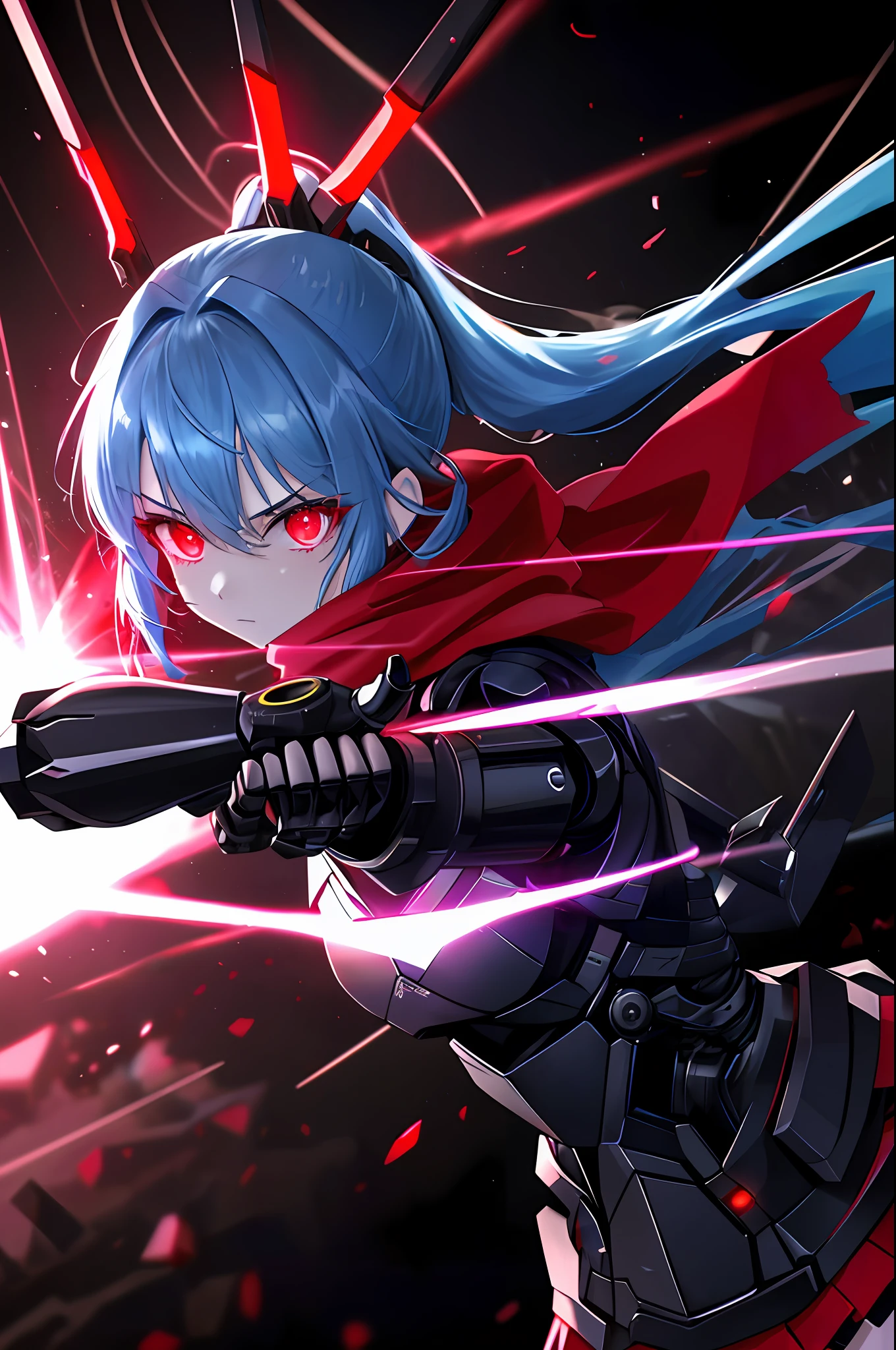 Anime girl with blue hair holding a gun in front of a red light - SeaArt AI