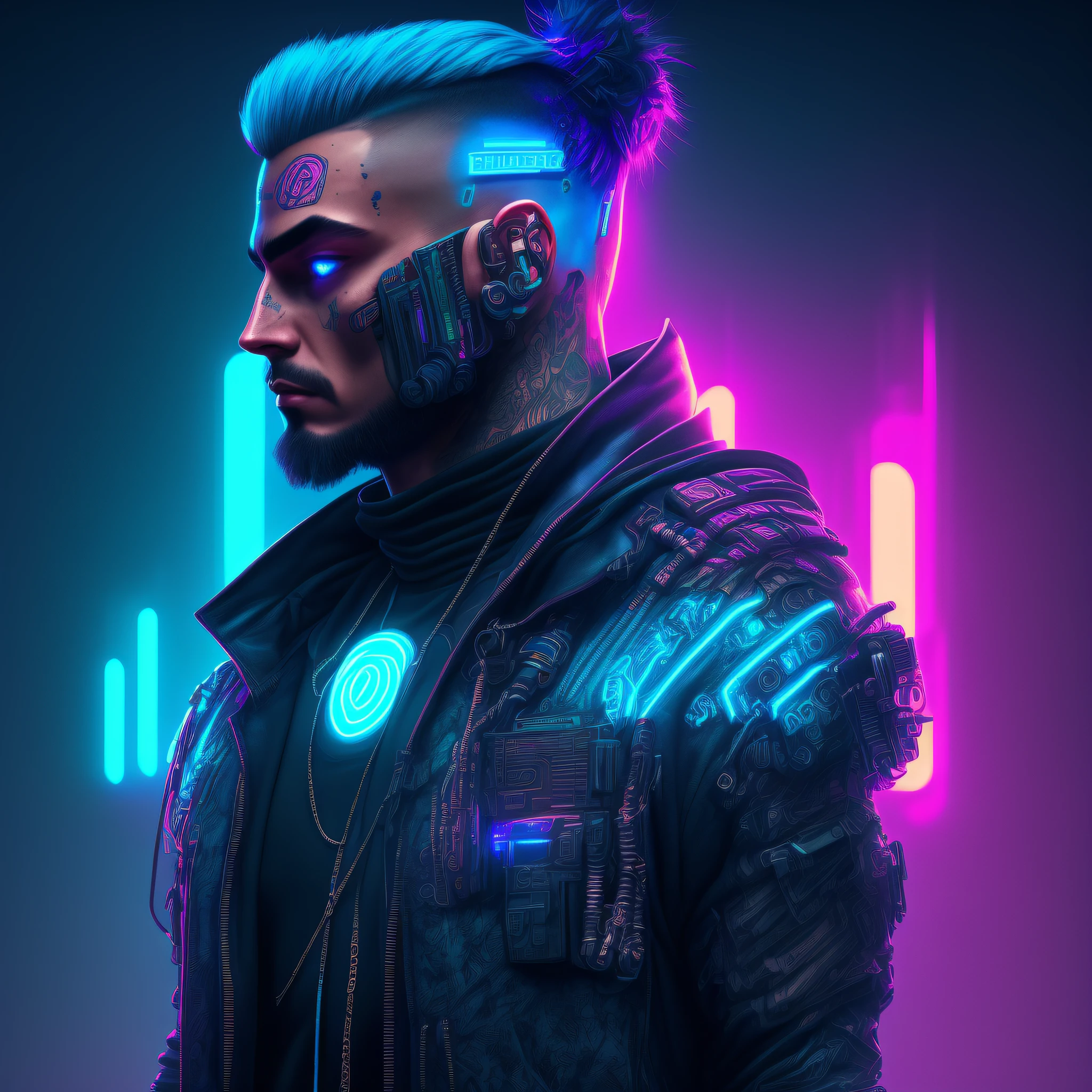 Character, man, blue eyes, neck tattoos, detailed cyberpunk style, futuristic (neon: 1.1) reflective wear, science fiction. artgern, art, illustration, ((dark environment)), ((vegnette)), ((HDR)) ((minimal palette colors)), soft tones, soft colors, faint colors, calm, highly detailed pastel colors, intricate details