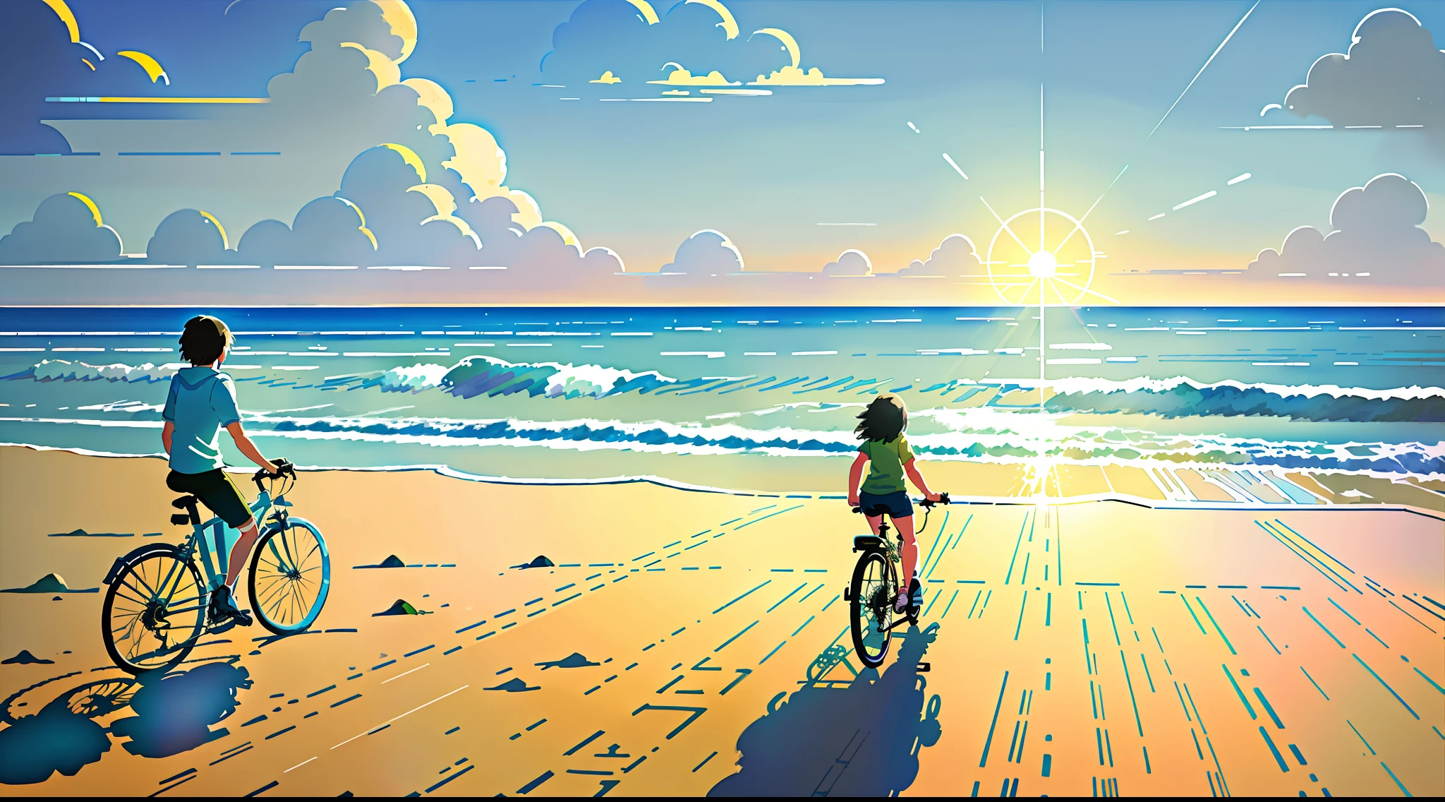 (Fahrrad: 1.5), (realistic Fahrrad: 1.5), (realistischer Radfahrer: 1.5), Radfahrer wieder im Vordergrund, Fahrten auf Sand, Lofi-Landschaft, Strand, Meer, Wellen, sun, Landschaftshintergrund, Schatten, Kontrast, Makoto Shinkai (beste Qualität:1.3), (Highres:1) Kunst im Stil von Studio Ghibli, Impressionismus, Einsamkeit