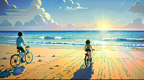 (bike: 1.5), (realistic bike: 1.5), (realistic cyclist: 1.5), cyclist back in foreground, rides on sand, lofi landscape, beach, ...