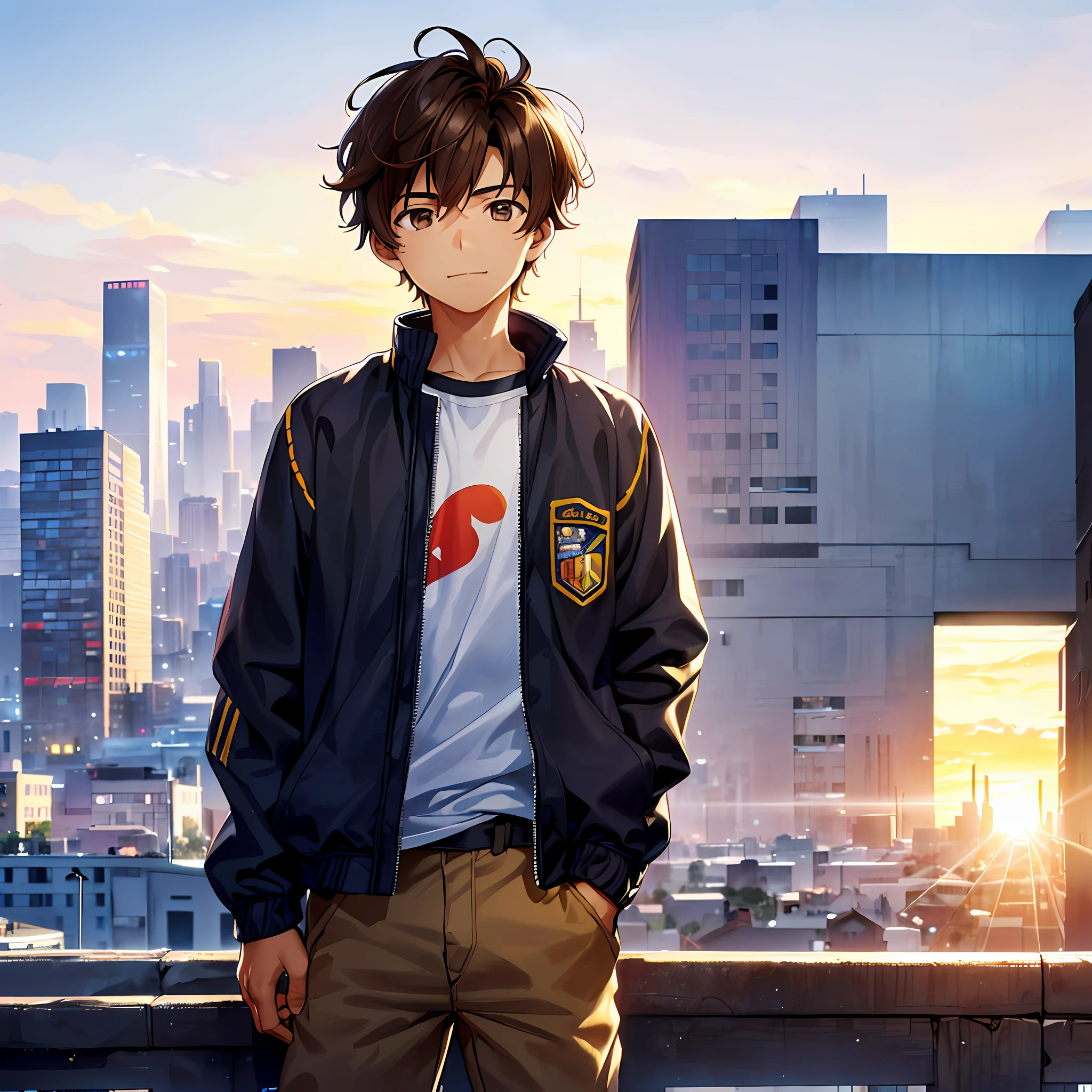 ((1 boy)), colorful, ((masterpiece)), ((background city with sunset and bokeh effect)), ((ultra-detailed)), pixiv, (realistic shadow), (realistic lighting), better lighting, better quality, fanart, ray of light, 1 boy, ((urban clothing)), full view of the face, alone, ((brown eyes)), ((short brown hair)), ((white shirt)), ((black and blue jacket)), upper body, looking at the viewer,  mouth closed, ((slight smile on face)), with his hands in his pants pocket