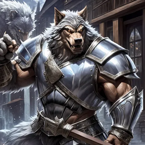 Young giant man wide muscular werewolf, wearing a medieval Armor, large shoulder pads, silver breastplate and a furry cape, angry, fighting, outside a tavern, Realistic, Full HD, best quality