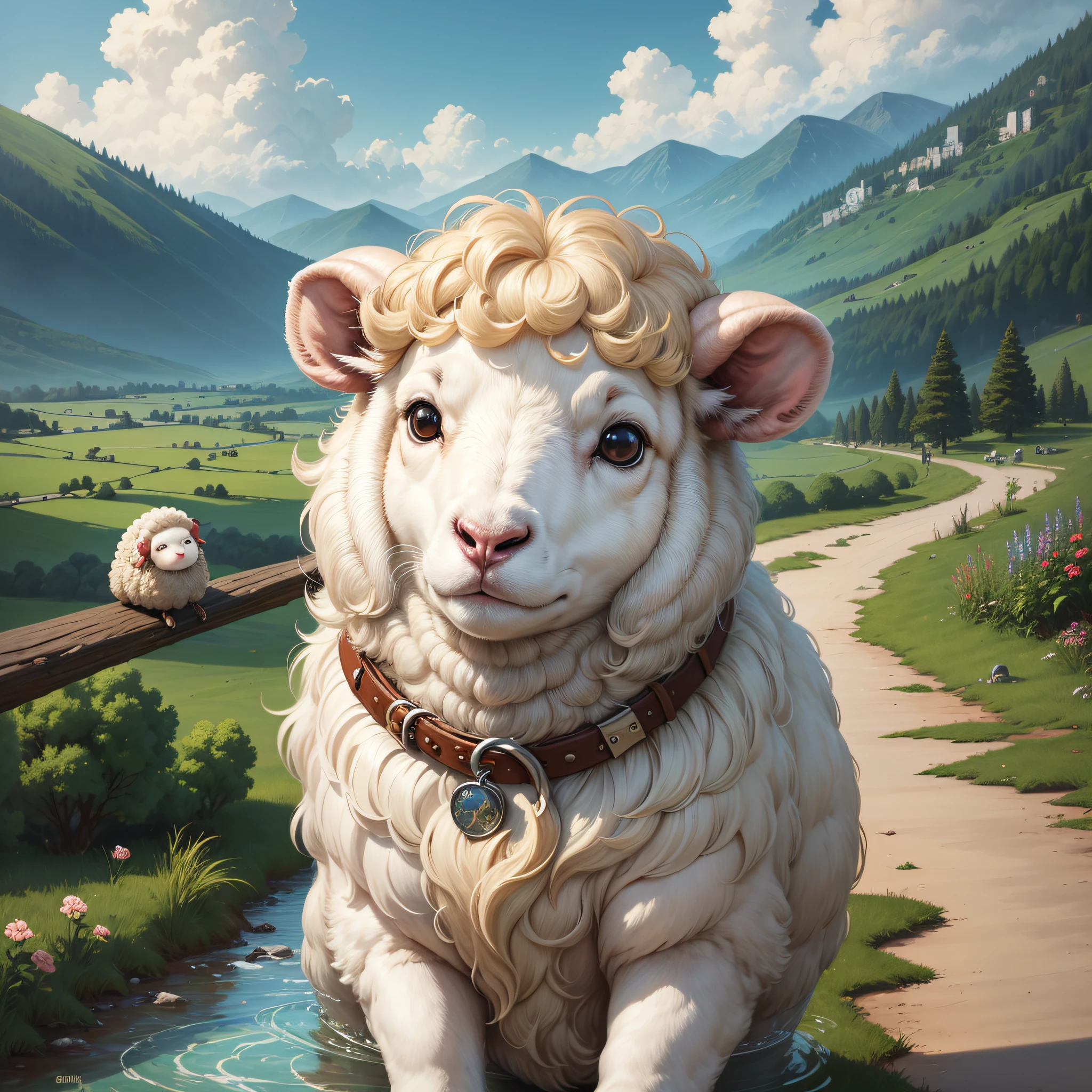 Painting of a sheep with a long hair and a collar - SeaArt AI