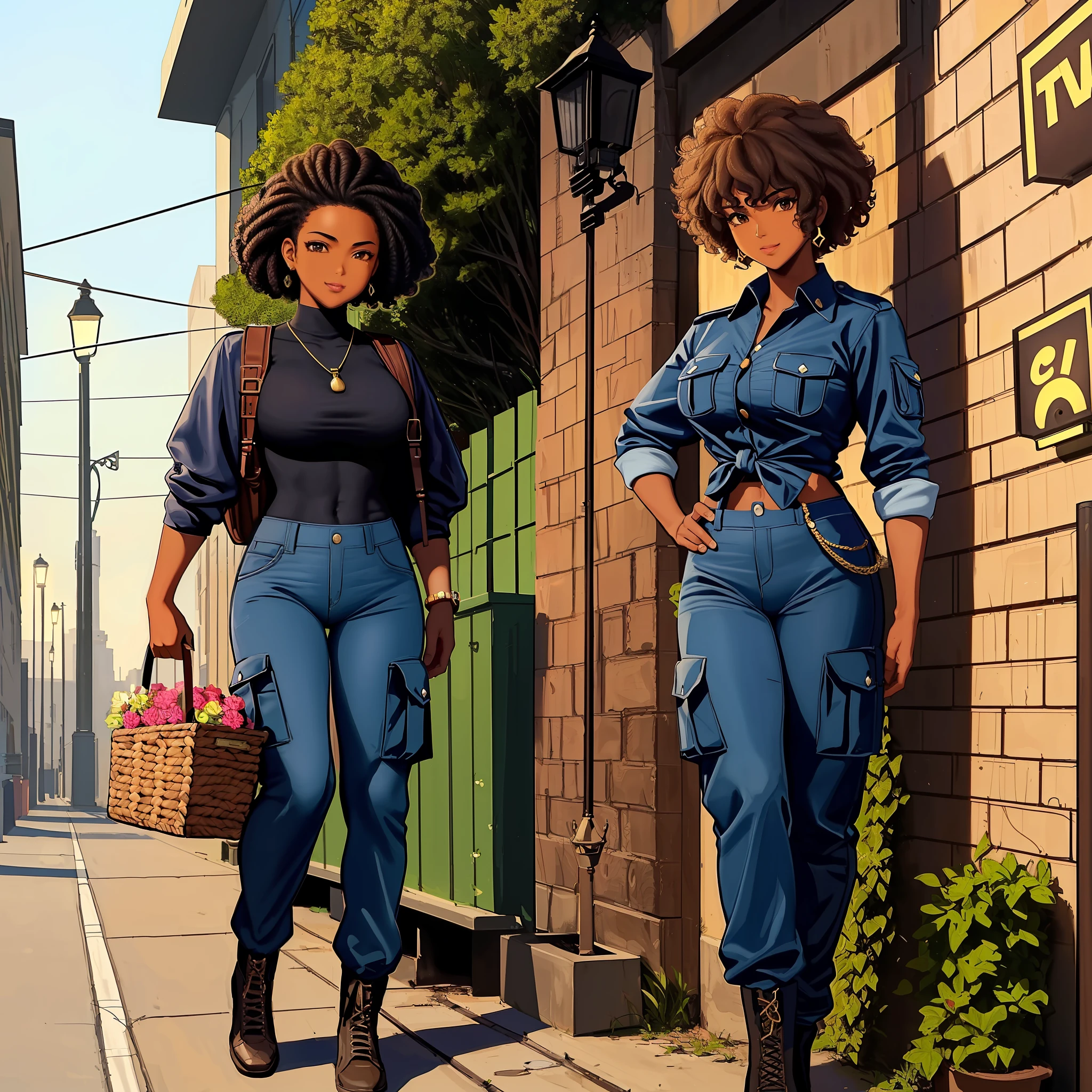 an afro hero (masterpiece, best quality), medium curly hair, female character, ((leaving with a proud face, far in the background the bad guys tied to the lamppost)))), (comic style art with perfect anatomy), perfect body, cropped blue, cargo pants, highly detailed - no outline