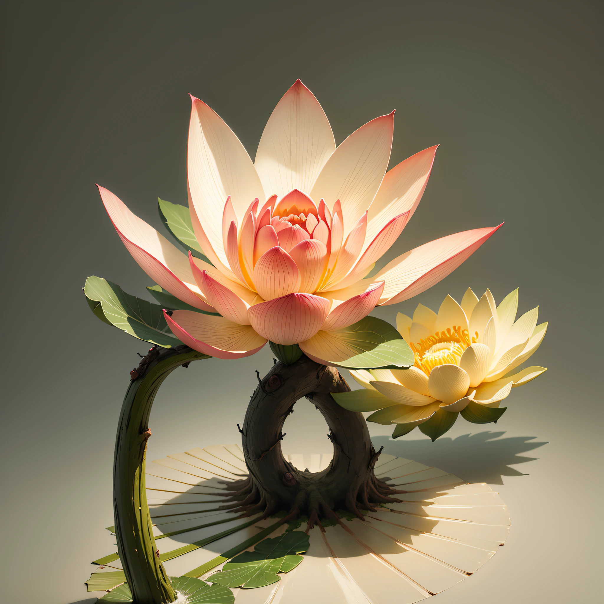 Lotus flower blooming on a twisted branch against a gray background, simple background, in light orange and light beige style, minimalist images, photographic installations, paleocore, green and crimson, hyper-realistic poetic intimacy 768X2048 --auto --s2