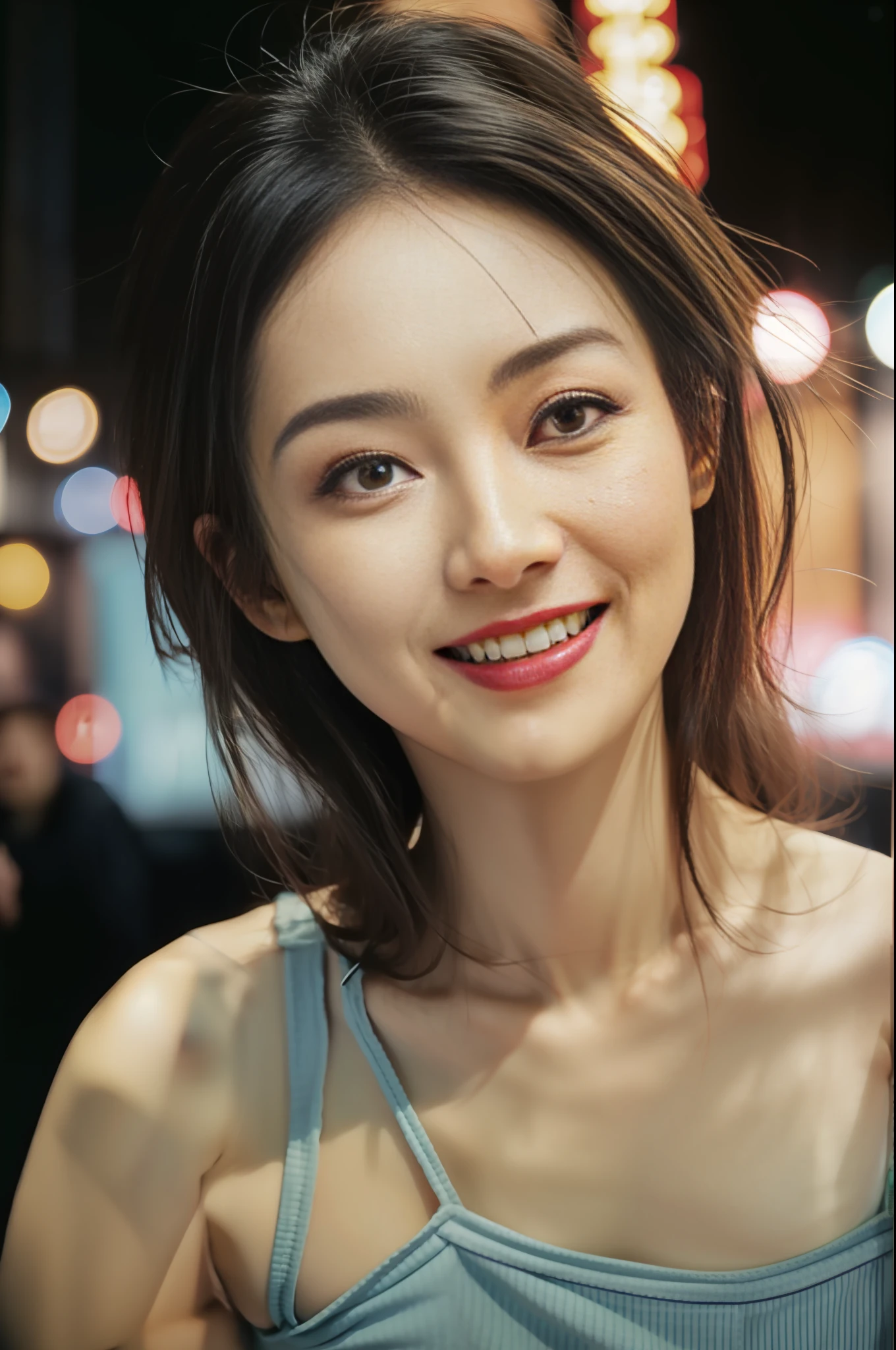 1girl, idol, model, depth of field, photo, film, face, skinny, smile, collarbone, teeth, movie, camisole, selfie, night,