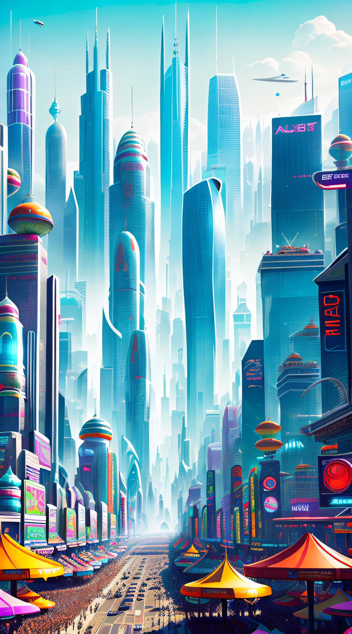 A bustling futuristic cityscape with floating skyscrapers and hovercars zooming between them. In the center of the city is a massive outdoor marketplace, filled with colorful stalls selling a wide variety of bizarre alien goods. The overall tone is lighthearted and whimsical, by Justin Maller