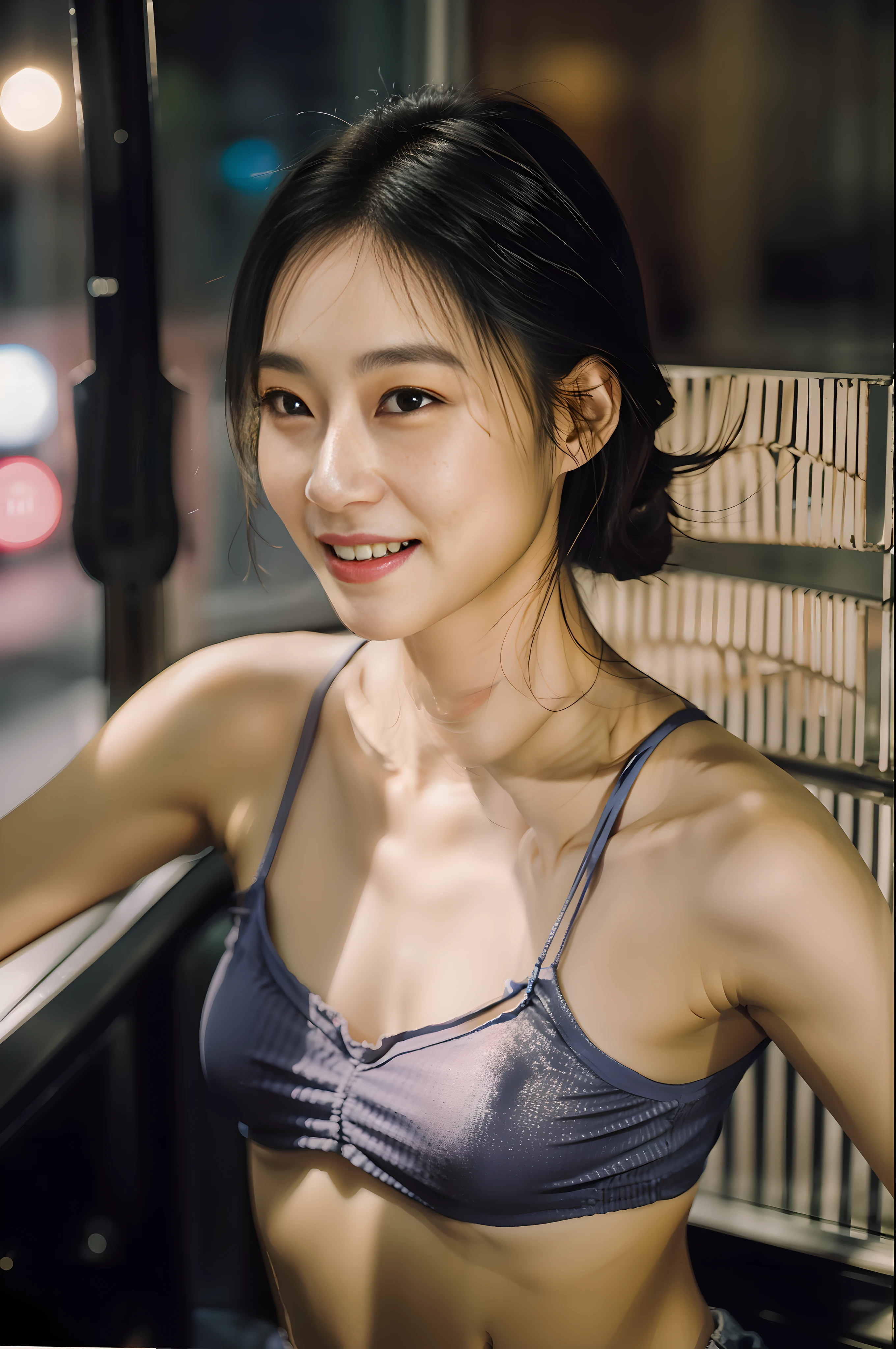 1girl, idol, model, depth of field, photo, film, face, skinny, smile, collarbone, teeth, movie, camisole, selfie, night,