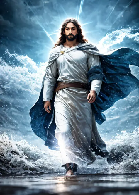 Jesus walking on water in a storm, gentle expression, streaks of light coming down from the sky, masterpiece, highest quality, high quality, highly detailed CG unit 8k wallpaper, award-winning photos, bokeh, depth of field, HDR, bloom, chromatic aberration...