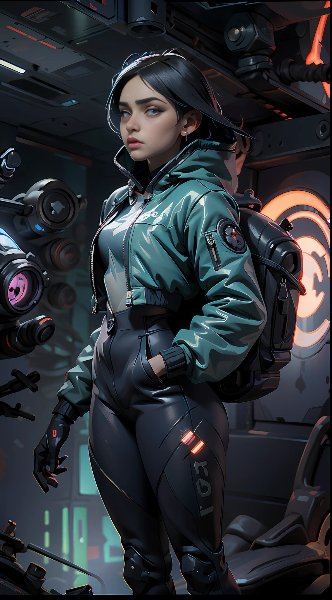 scifi, horror, darkart, futuristic, raw photo, 1girl with sexy techwear jacket(glossy white), angry look, ultrasharp, luminous paint, particles, flares, many tentacles background, many details in an amazing composition, saturn