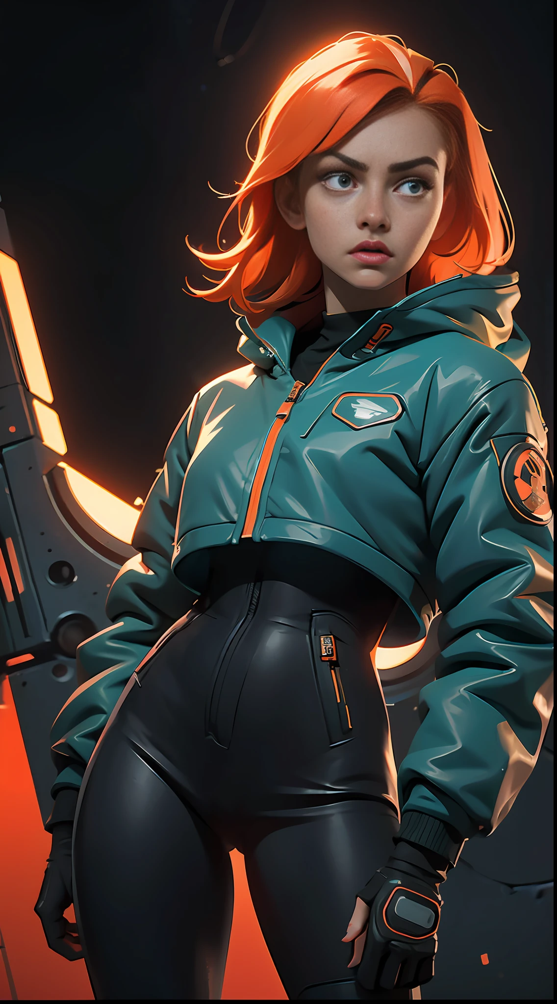 scifi, vintage, futuristic, raw photo, 1girl with sexy techwear jacket(orange and white), angry look, ultrasharp, luminous paint, particles, flares, minimalist background, many details in an amazing composition, saturn