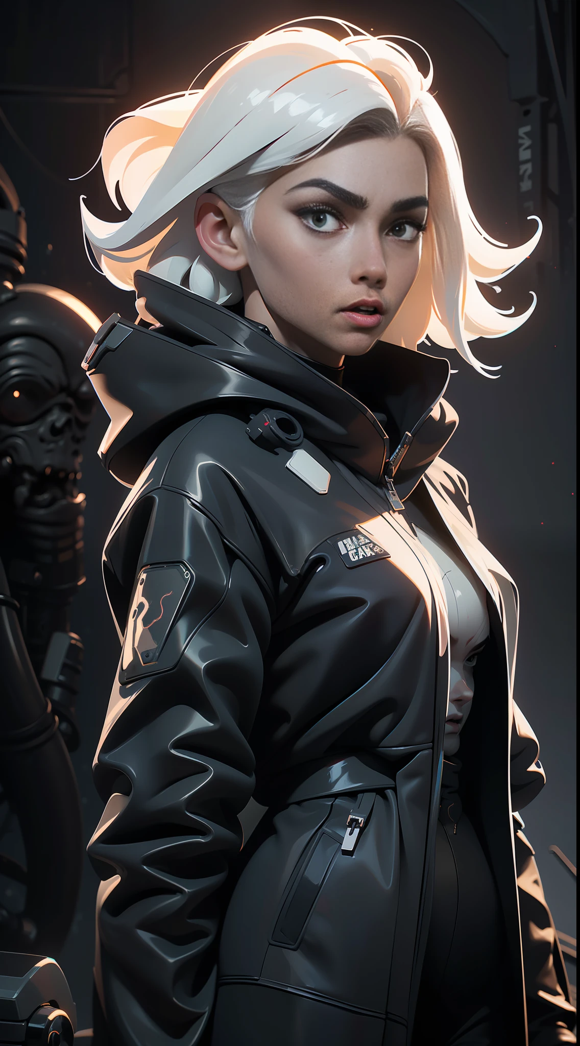 (best quality, masterpiece) scifi, horror, darkart, futuristic, raw photo, 1girl with sexy techwear jacket(glossy white), (white glossy hair) angry look, ultrasharp, (outline contourn) luminous paint, particles, flares, many tentacles background, many details in an amazing composition, cables, technology