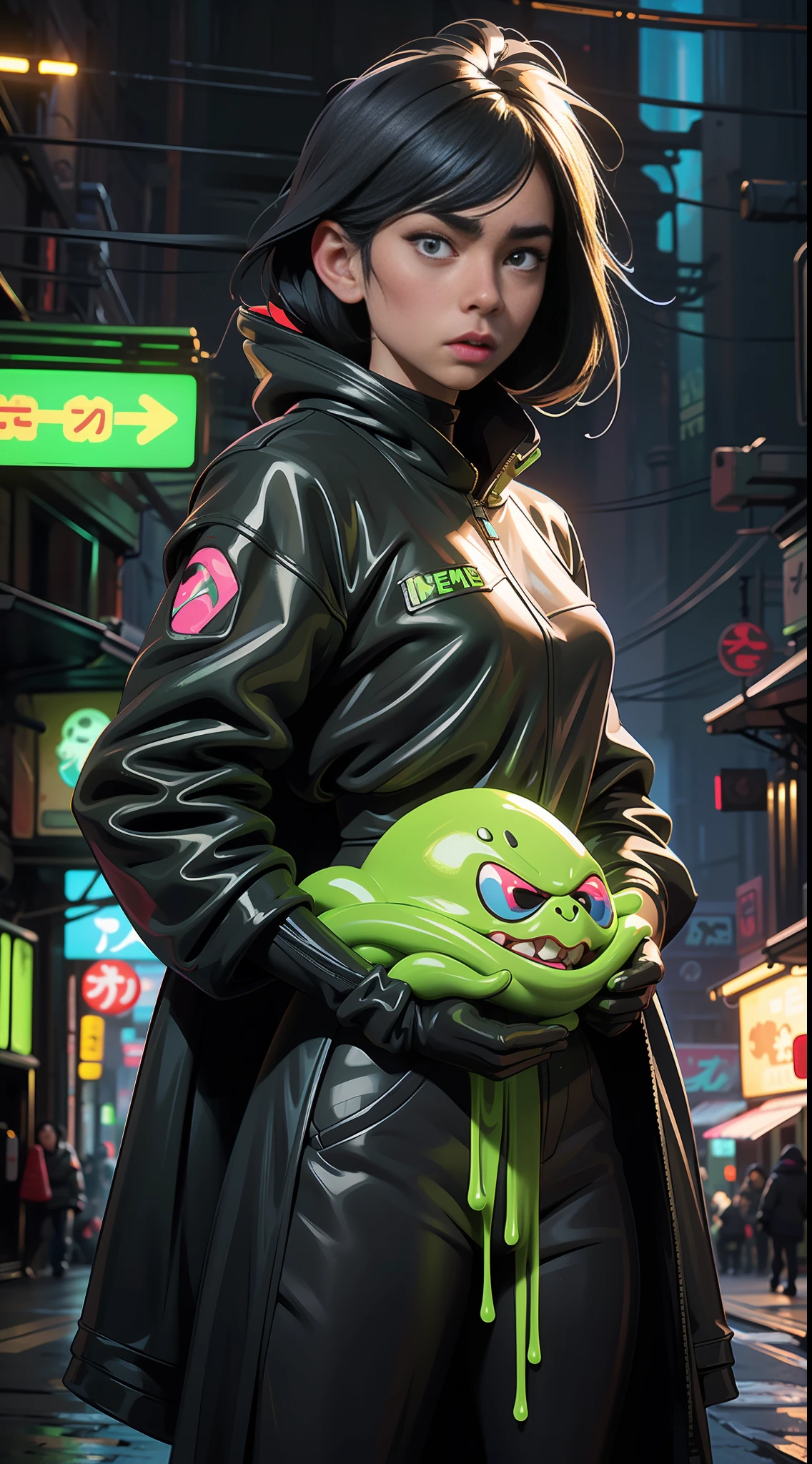 (best quality, masterpiece) slime, melt, raw photo, 1girl with slime clothes, (black glossy hair) angry look, ultrasharp, slime, melt (outline contourn) luminous paint, ultrasharp, particles, flares, neon Tokyo street background, many details in an amazing composition