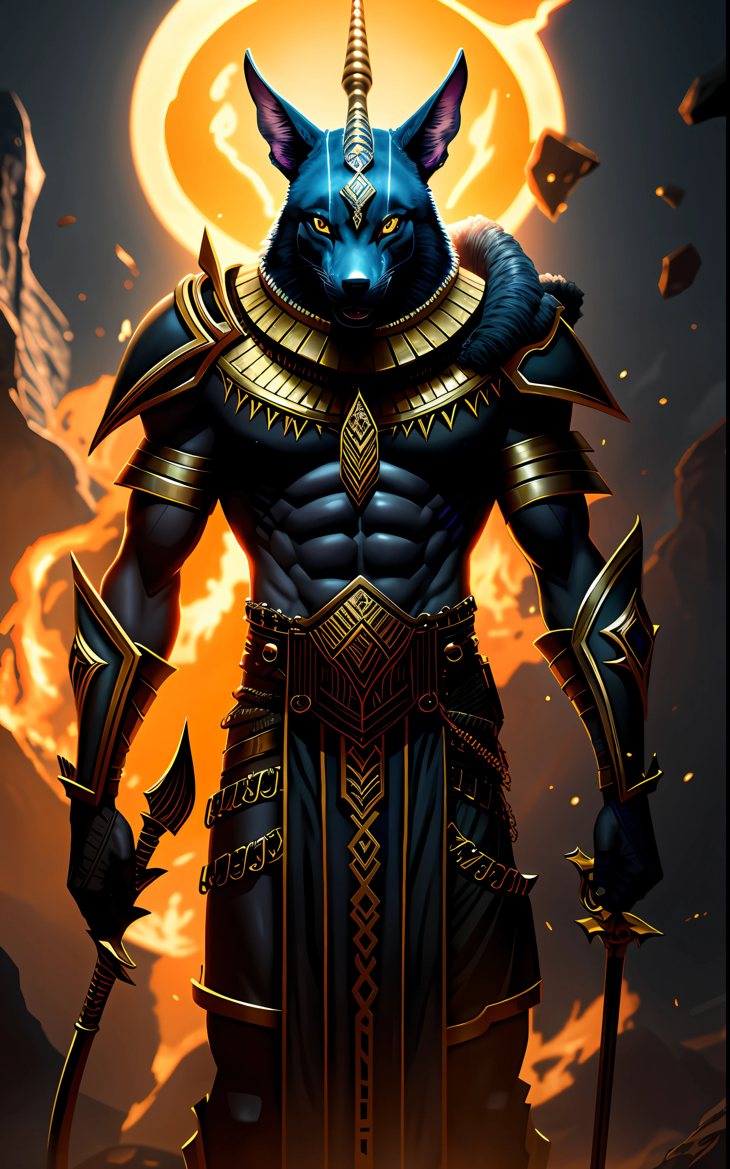 Anubis, Egyptian jackal headed god and holder of golden scales, dynamic pose towards right and dramatic camera angle, oil painting inspired by Lora Fantasy Character Anubis V10, photorealistic and cinematic style, hell gate and fire background, dark and underworld mood, high quality resolution