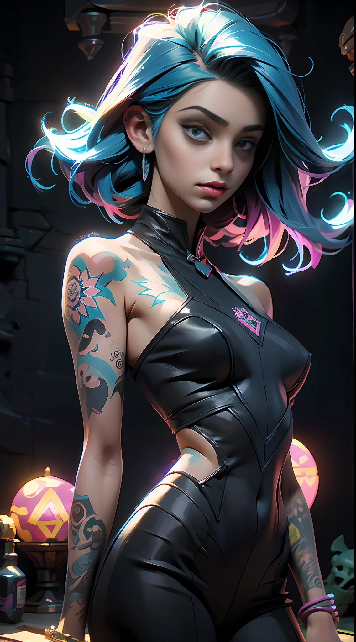 (best quality, masterpiece) 1witch girl with many tattoos, mandalas, neon glow background