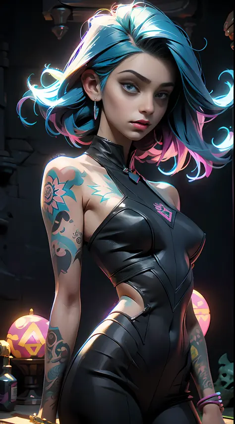 (best quality, masterpiece) 1witch girl with many tattoos, mandalas, neon glow background