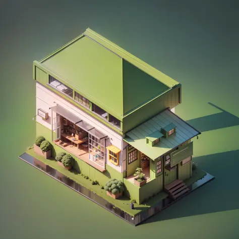 isometric house, (3D isometric), masterpiece, (extremely detailed CG unit 8k wallpaper), (best quality), (best illustration), (best shade), moss green food truck, octane render, ray tracing, ultra detailed --auto --s2