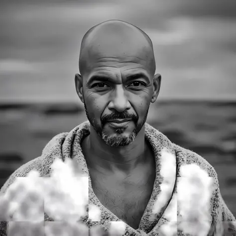 Black and white photo of 42 years old man in black, bald, face, half body, body, high detail skin, skin pores, coastline, cloudy...