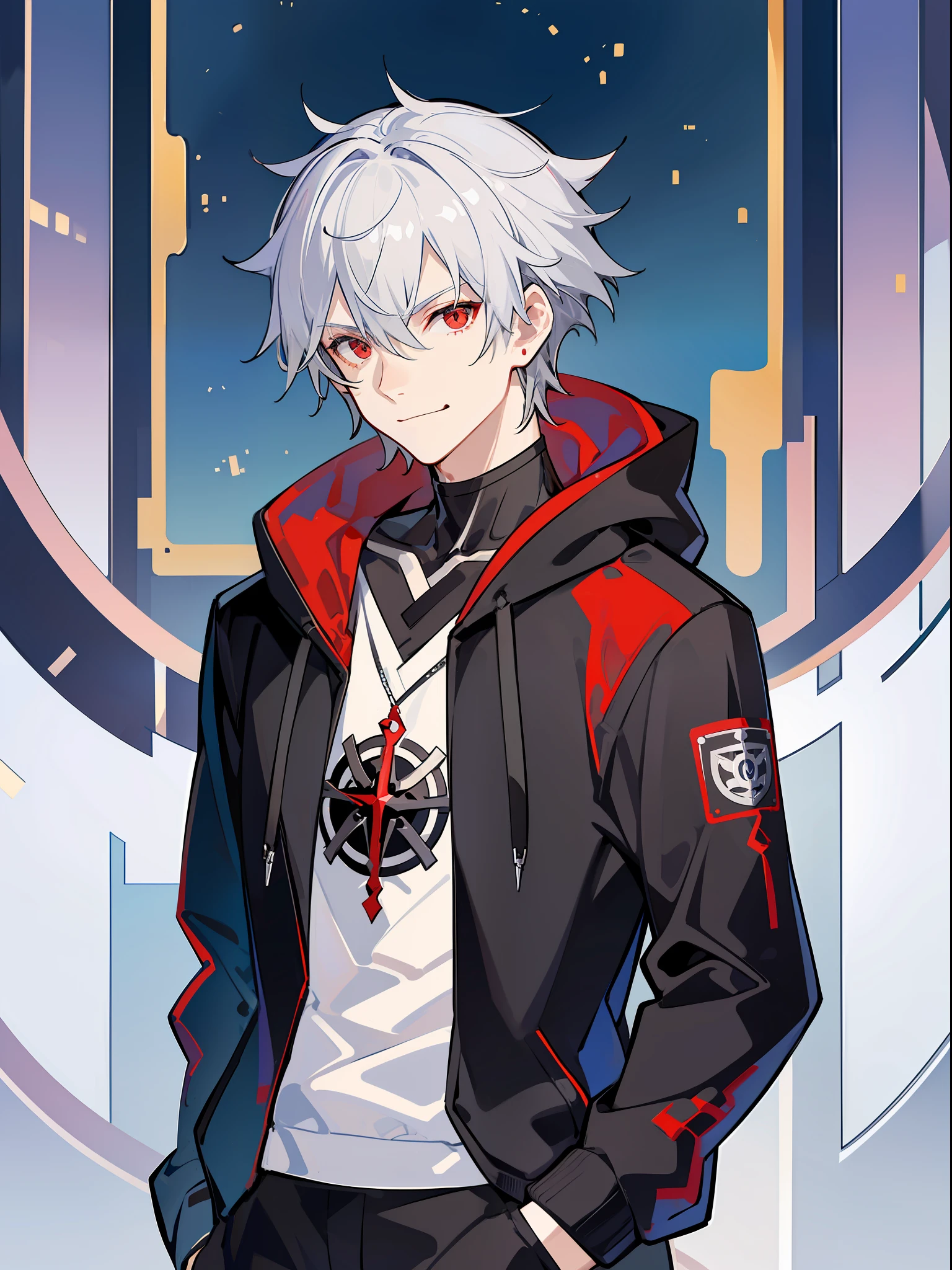 solo, ((male with short silver hair wearing hoodie)), (bangs), (red eyes), (pale skin), (smirk), ((high quality)), (extremely detailed), fate stay night, inspired by takeuchi takahasi